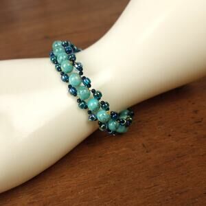 HANDMADE Aqua & Teal Beaded Bracelet  7"